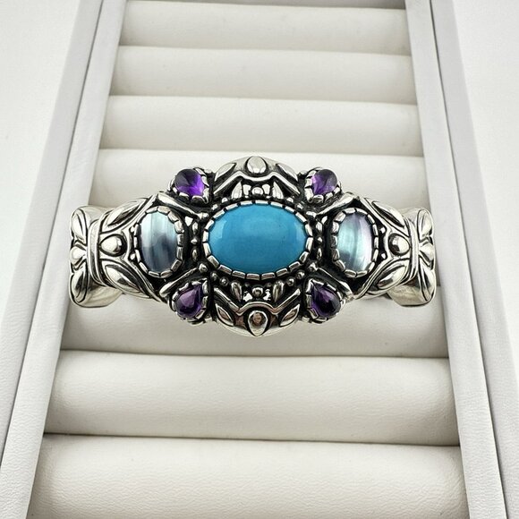 Carolyn Pollack Bracelet Cuff Turquoise Amethyst Pearl Leather Sterling Silver - Picture 2 of 15